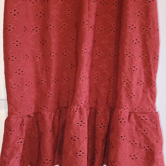 Heart & Heels Rust Eyelet Mini Dress Sweetheart Puff Sleeve Tie Front - Picture 10 of 12